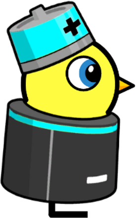 Side view of a yellow blue-eyed duck wearing Battery Outfit
