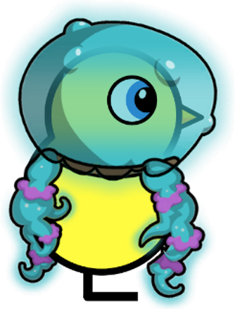 Side view of a yellow blue-eyed duck wearing Jellyfish Outfit