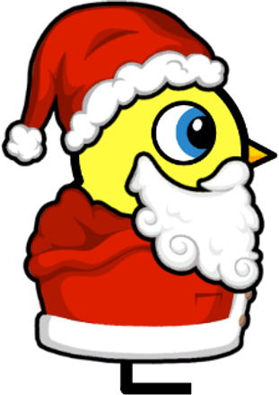 Side view of a yellow blue-eyed duck wearing Santa Outfit
