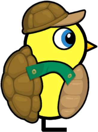 Side view of a yellow blue-eyed duck wearing Turtle Outfit