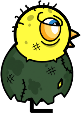 Side view of a yellow blue-eyed duck wearing Zombie Outfit