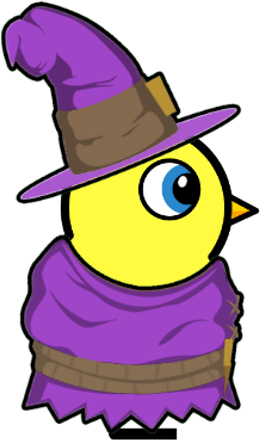 Side view of a yellow blue-eyed duck wearing Witch Outfit
