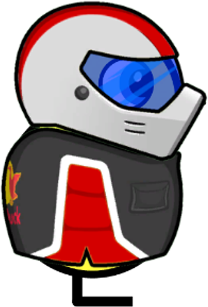 Side view of a yellow blue-eyed duck wearing Racer Outfit