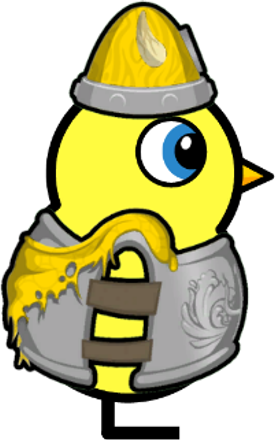 Side view of a yellow blue-eyed duck wearing Viking Outfit