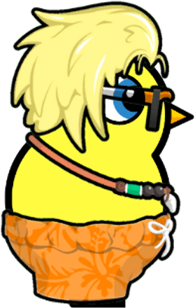 Side view of a yellow blue-eyed duck wearing Surfer Outfit