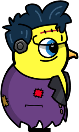 Side view of a yellow blue-eyed duck wearing Frankenstein Outfit
