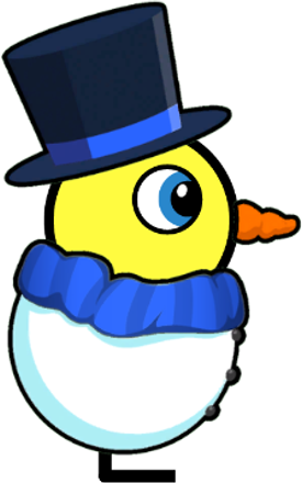 Side view of a yellow blue-eyed duck wearing Snowman Outfit