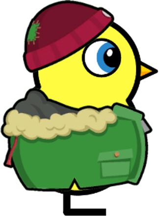 Side view of a yellow blue-eyed duck wearing Winter Outfit