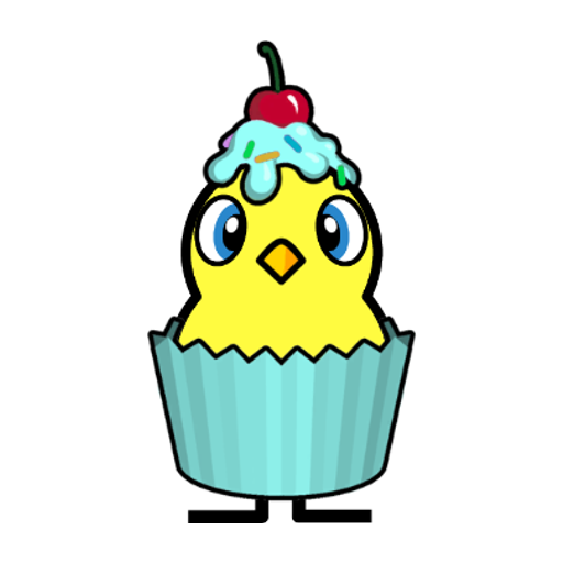 Front view of a yellow blue-eyed duck wearing Cupcake Outfit
