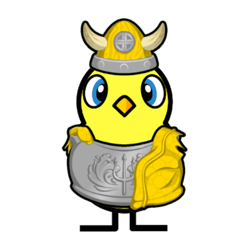 Front view of a yellow blue-eyed duck wearing Viking Outfit