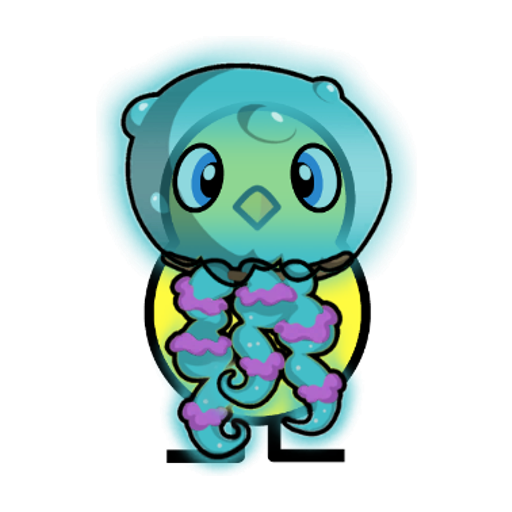Front view of a yellow blue-eyed duck wearing Jellyfish Outfit