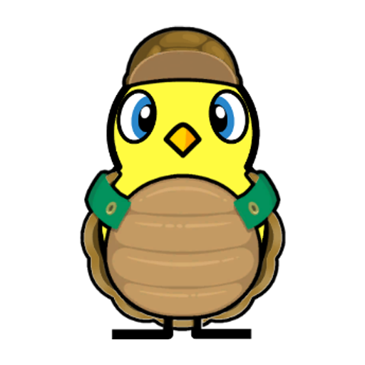 Front view of a yellow blue-eyed duck wearing Turtle Outfit