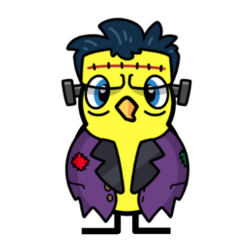 Front view of a yellow blue-eyed duck wearing Frankenstein Outfit