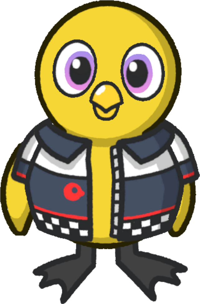 Front view of a yellow duck wearing Motocross jacket