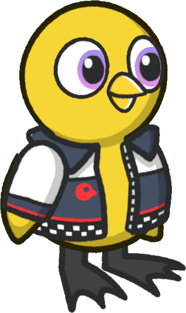 Side view of a yellow duck wearing Motocross jacket
