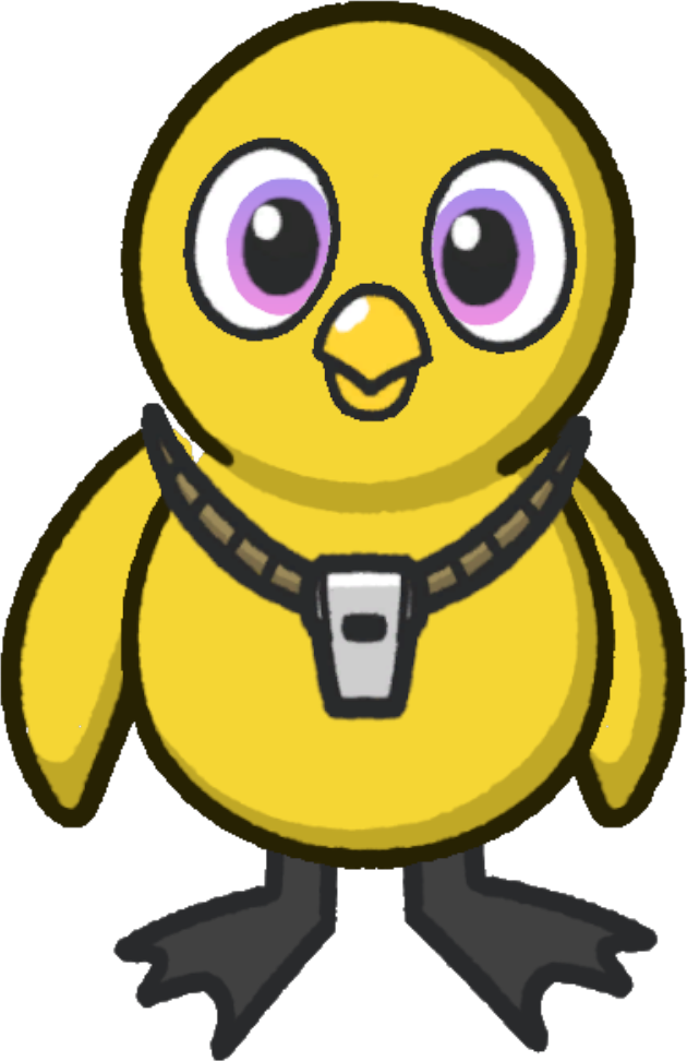 Front view of a yellow duck wearing Whistle