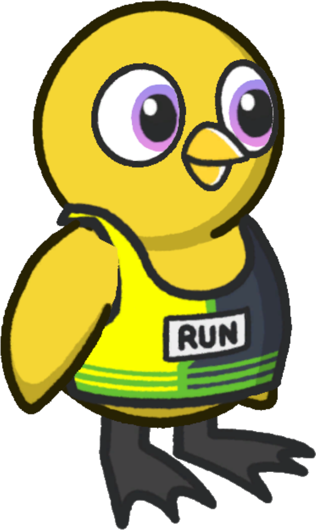 Side view of a yellow duck wearing Sprinter Costume