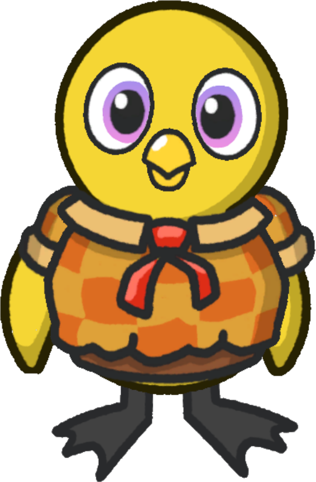 Front view of a yellow duck wearing Farmer overalls