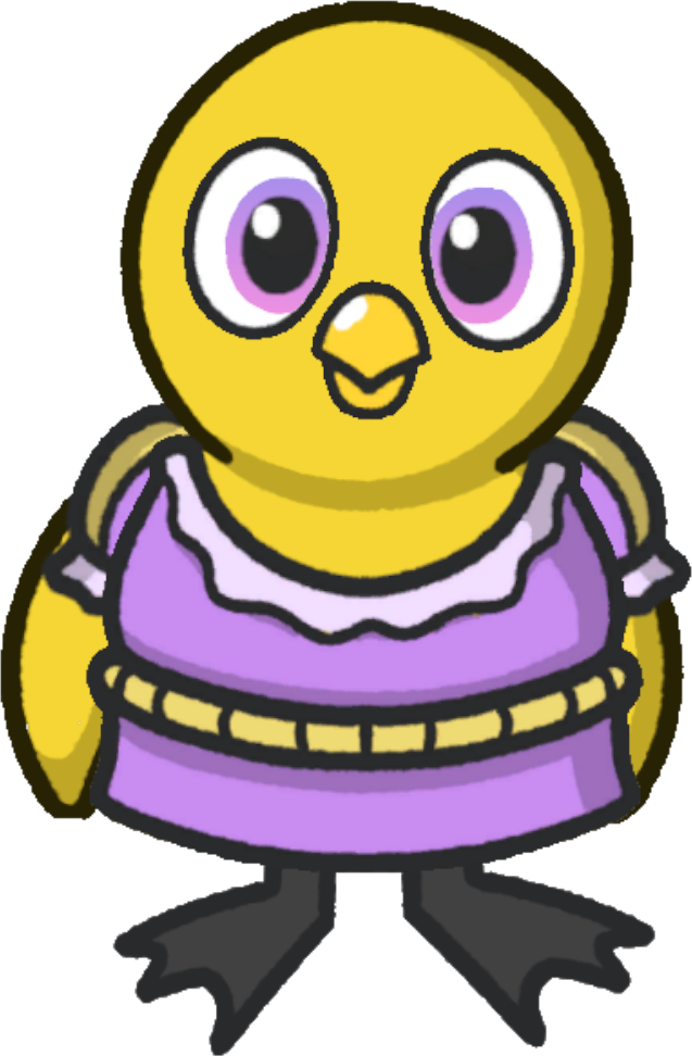 Front view of a yellow duck wearing Fancy dress