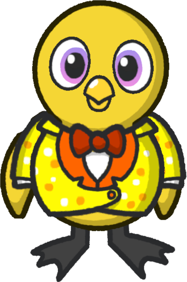 Front view of a yellow duck wearing Goldie's Costume