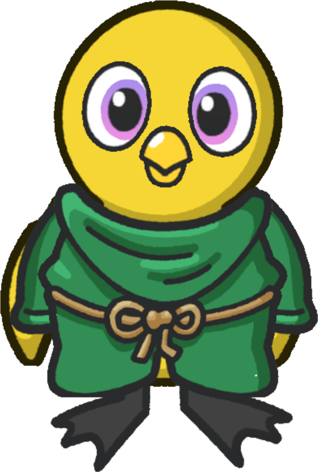 Front view of a yellow duck wearing Dumbleduck's Tunic
