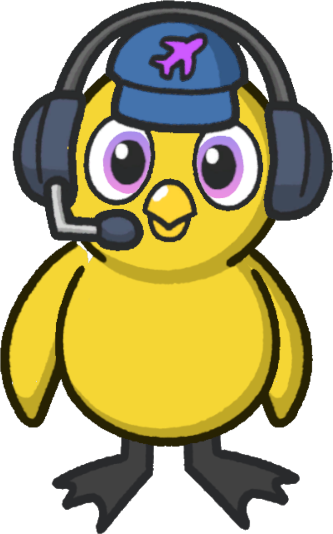 Front view of a yellow duck wearing Air traffic control headset