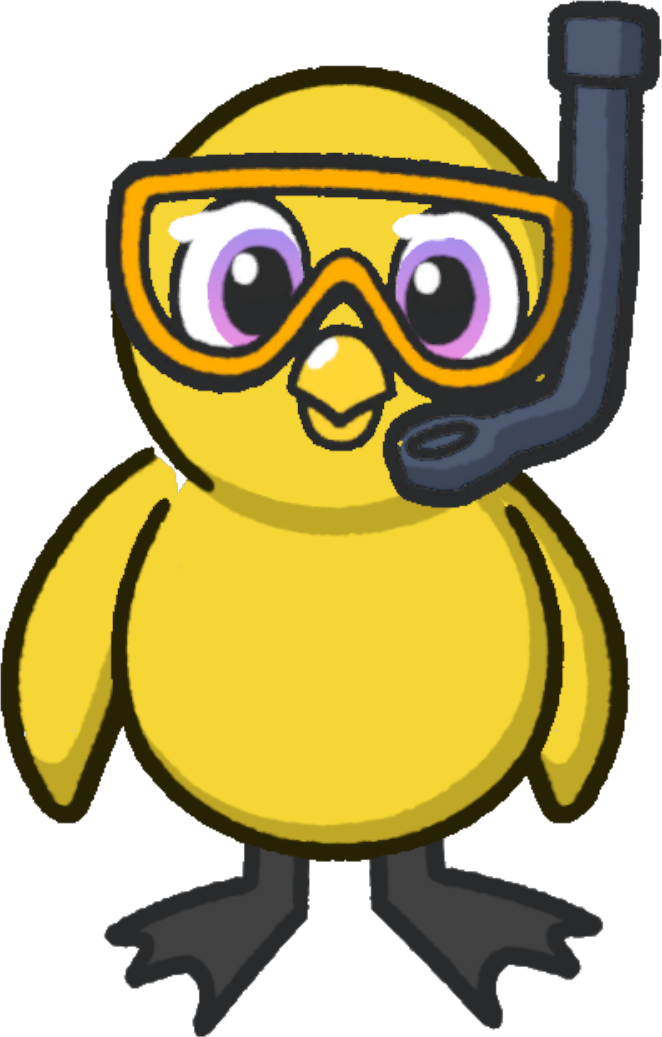Front view of a yellow duck wearing Snorkeling gear