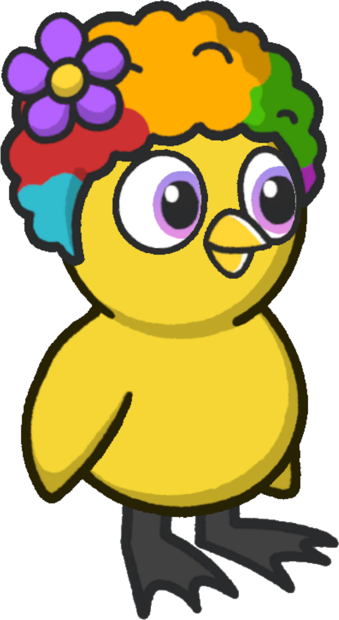 Clown wig, colour option 6, on a yellow duck