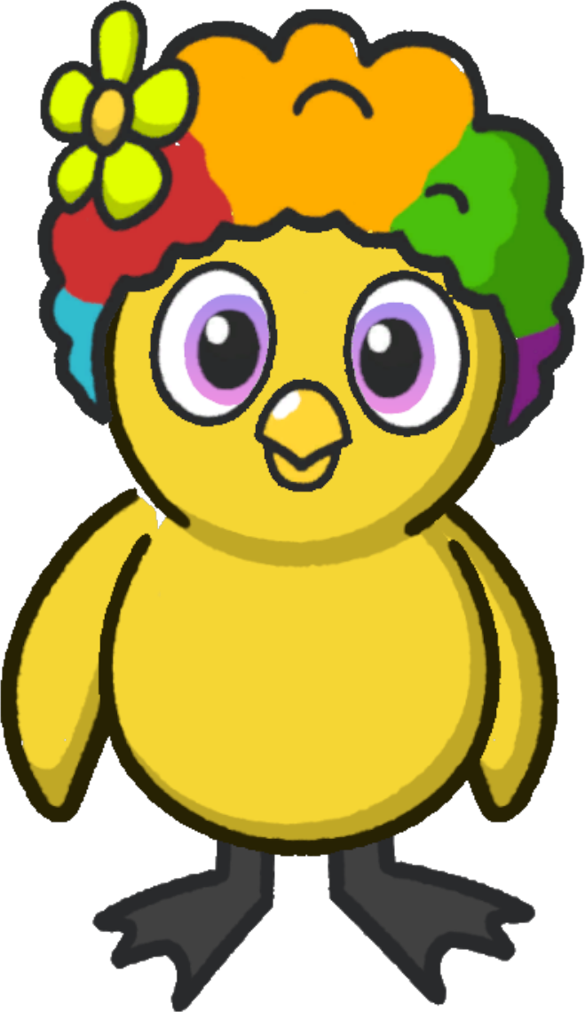 Front view of a yellow duck wearing Clown wig