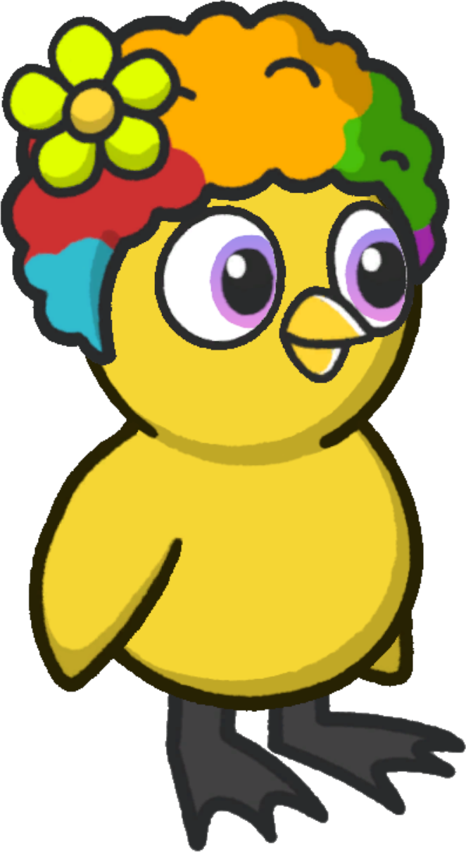 Side view of a yellow duck wearing Clown wig