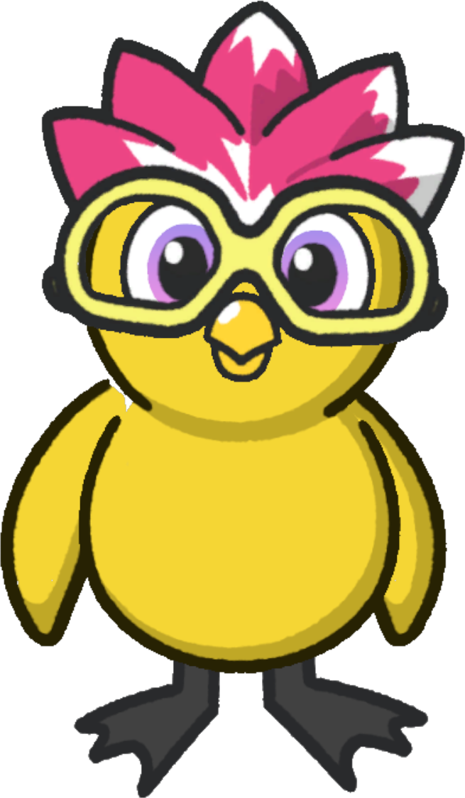 Front view of a yellow duck wearing Scruffy's Hair