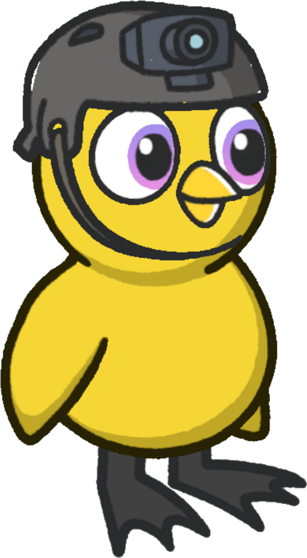 Side view of a yellow duck wearing GoPro helmet