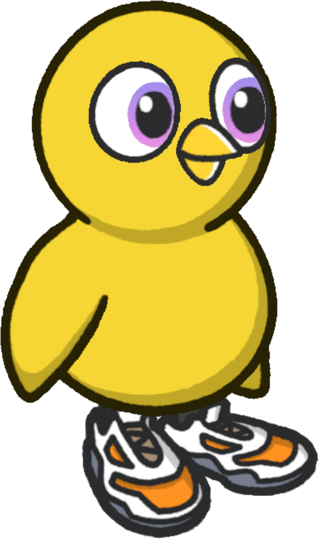 Side view of a yellow duck wearing Trainers
