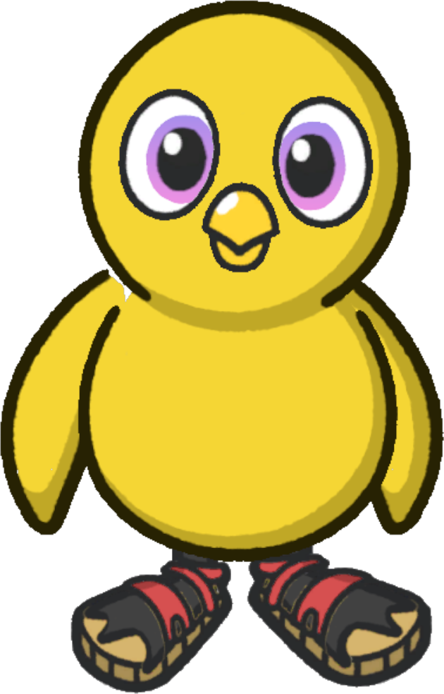 Front view of a yellow duck wearing Sandals