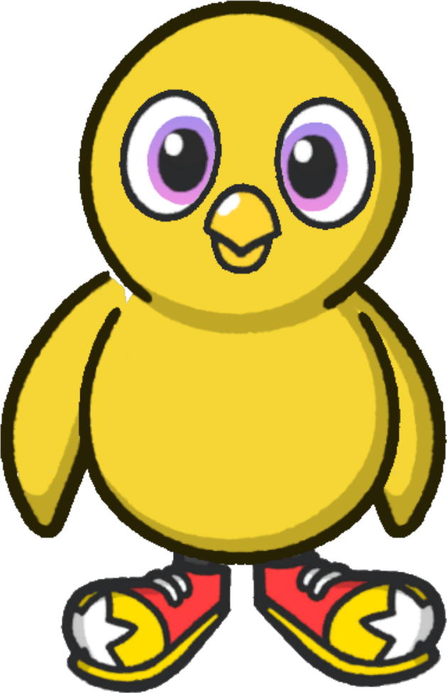 Front view of a yellow duck wearing Clown shoes