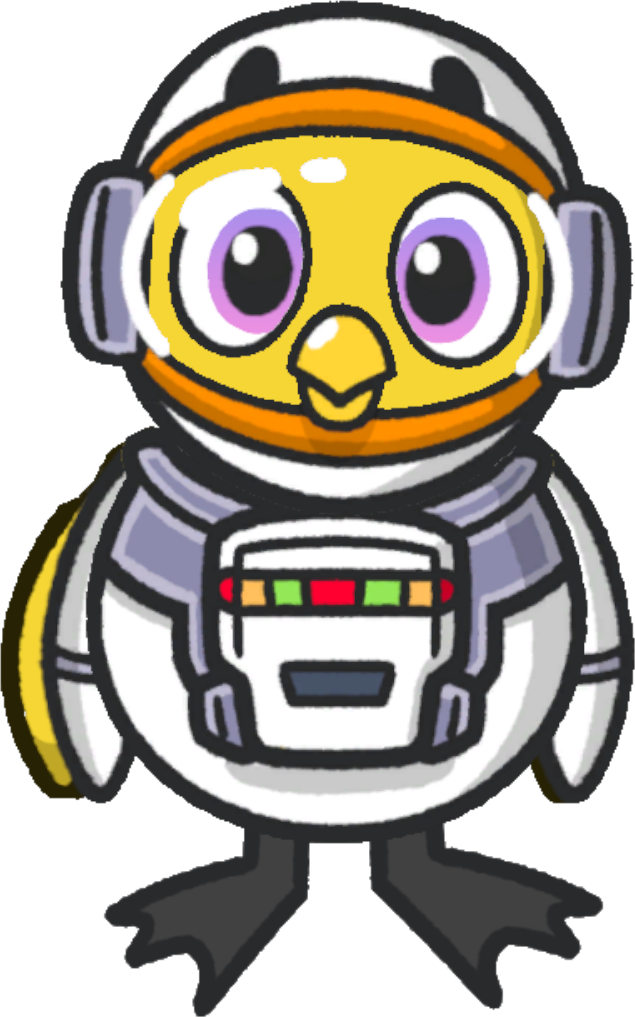 Front view of a yellow duck wearing Space Outfit