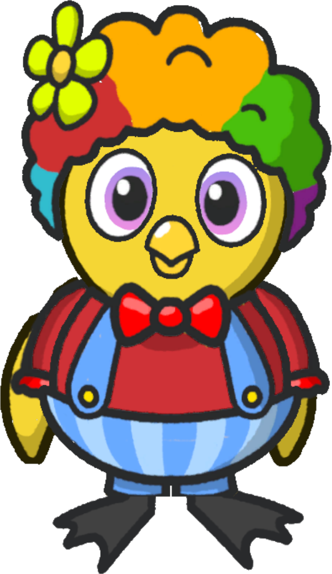 Front view of a yellow duck wearing Clown Outfit