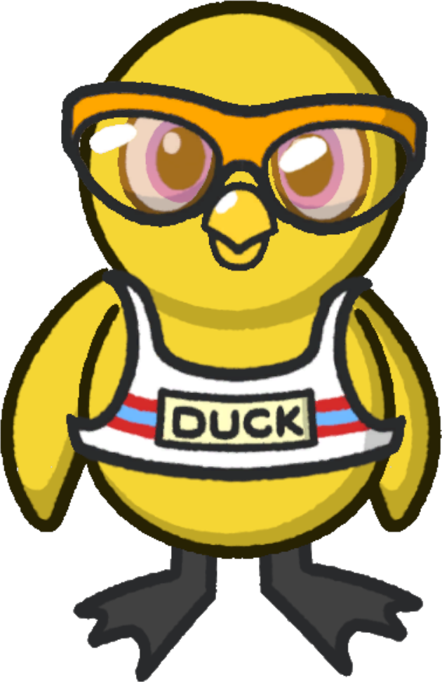 Front view of a yellow duck wearing Marathon Outfit