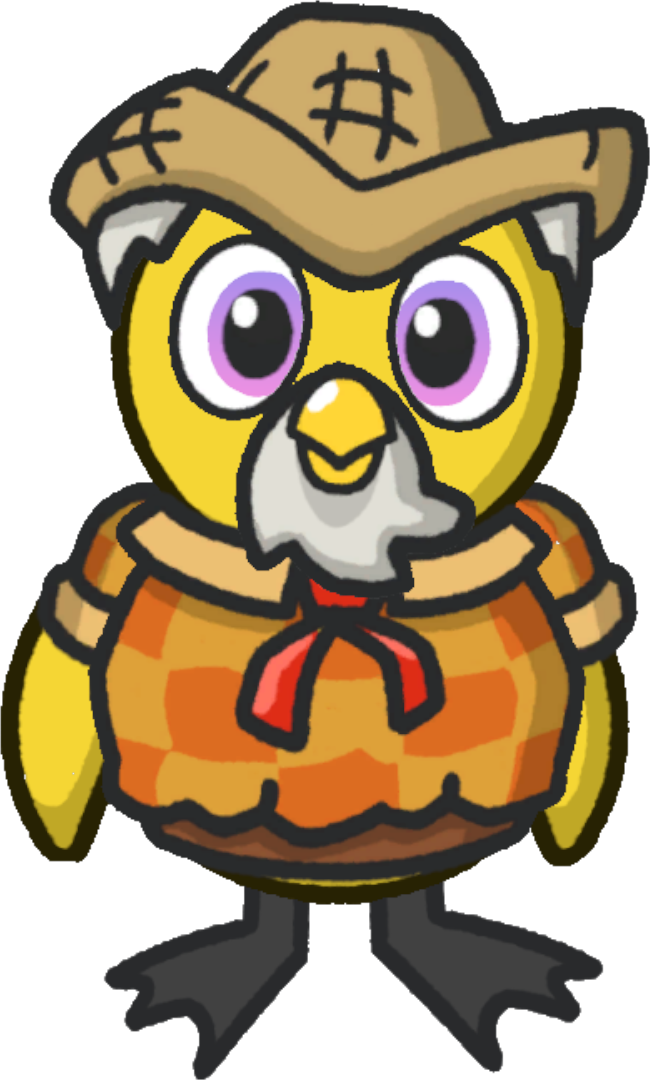 Front view of a yellow duck wearing Farmer Outfit