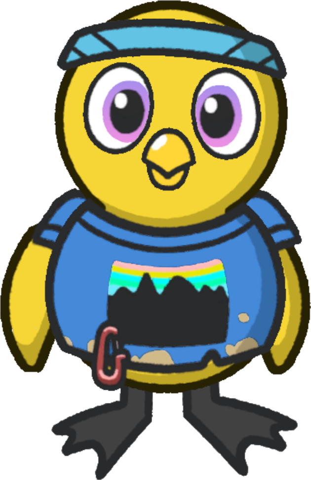 Front view of a yellow duck wearing Hiking Outfit