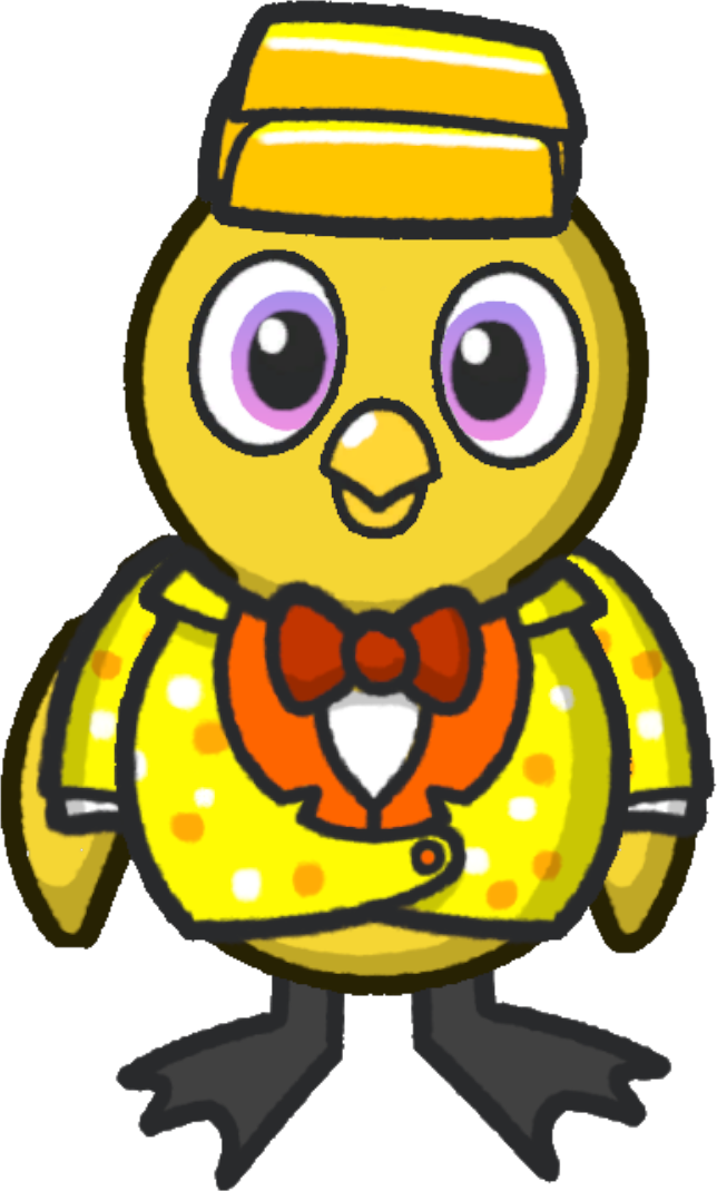Front view of a yellow duck wearing Goldie Outfit