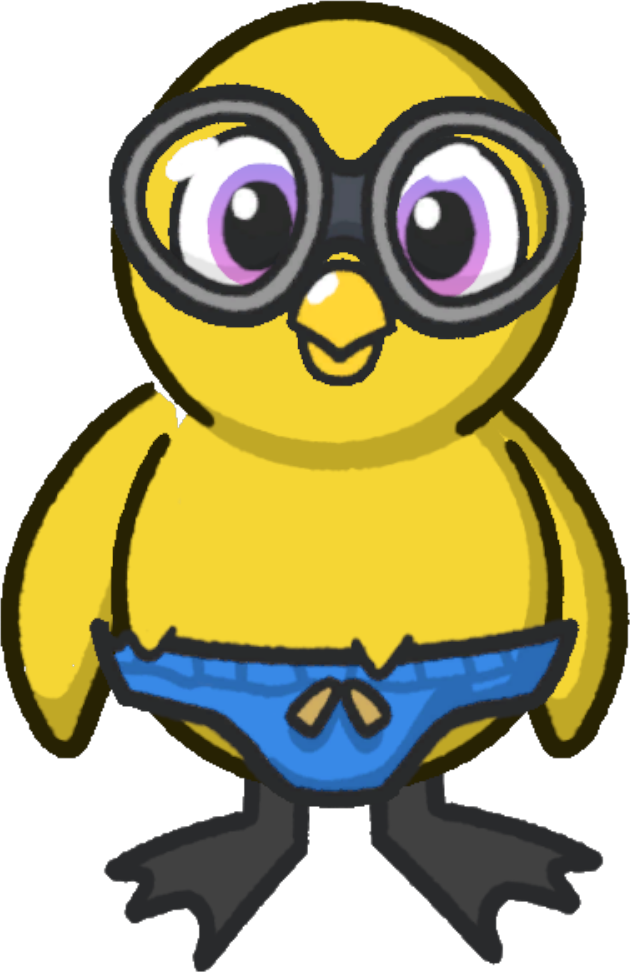Front view of a yellow duck wearing Swimming Outfit